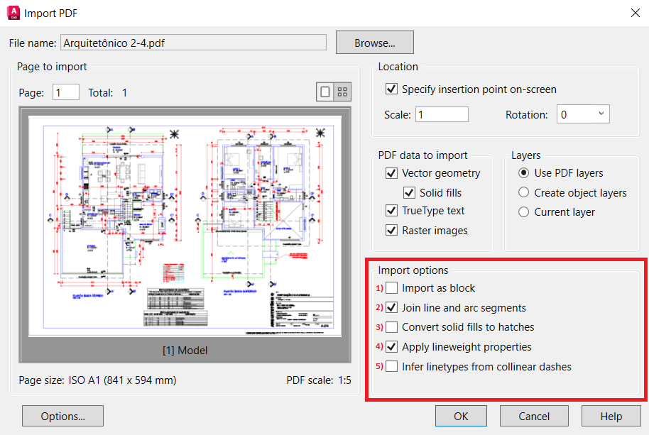 Configurações de importação de PDF para DWG no AutoCAD